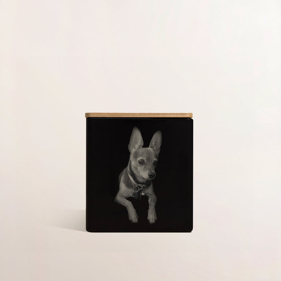 Black candle engraved with a photo of a dog