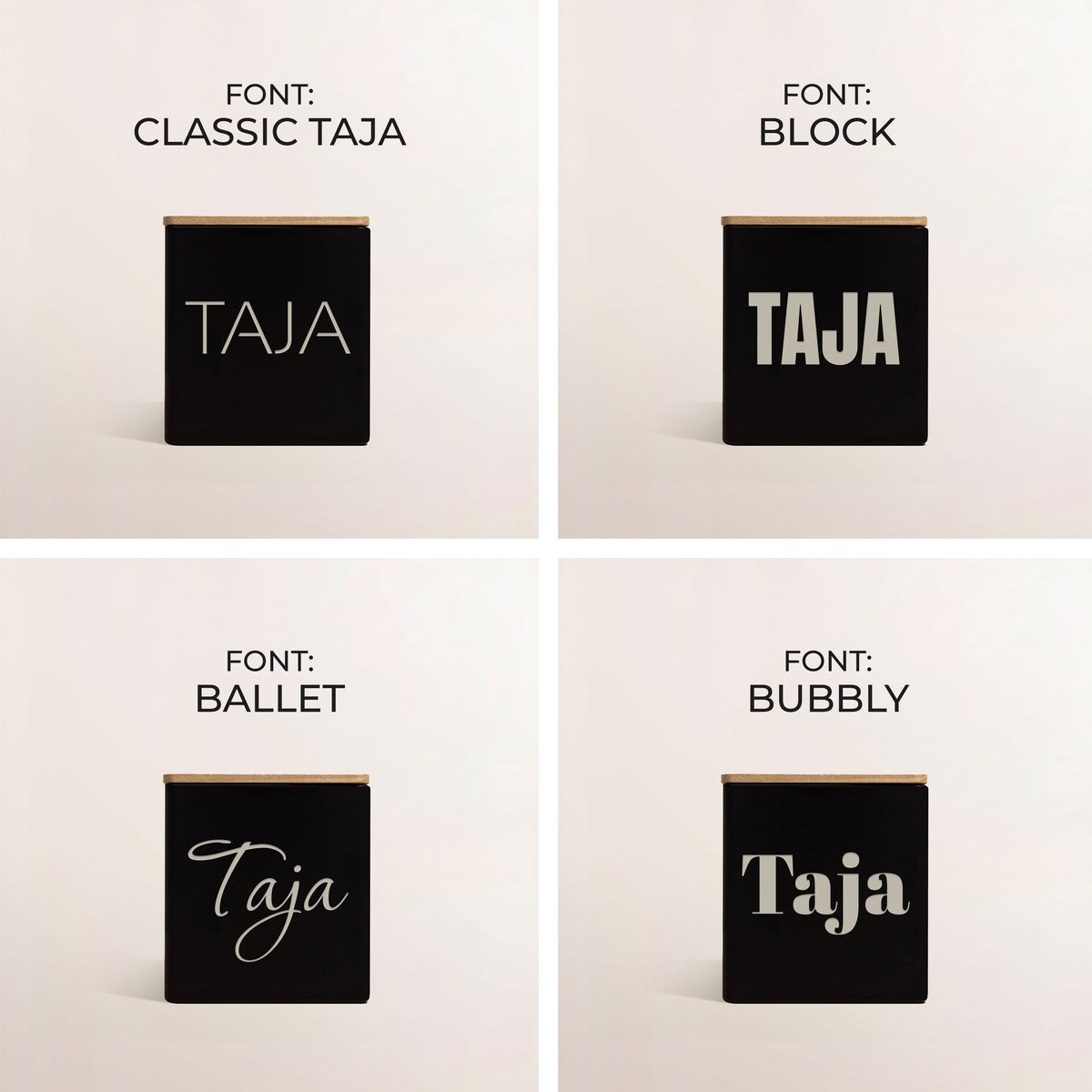 White candle engraved Tiffany in the TAJA font