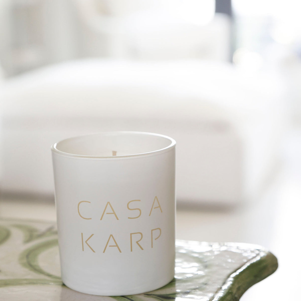White Casa cylinder candle engraved Karp