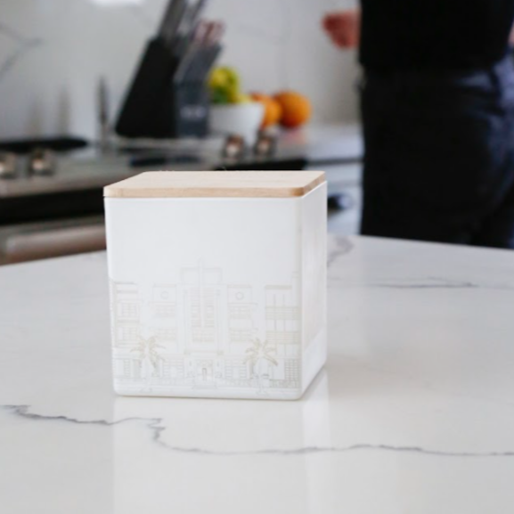 white miami beach skyline candle on top of marble kitchen counter