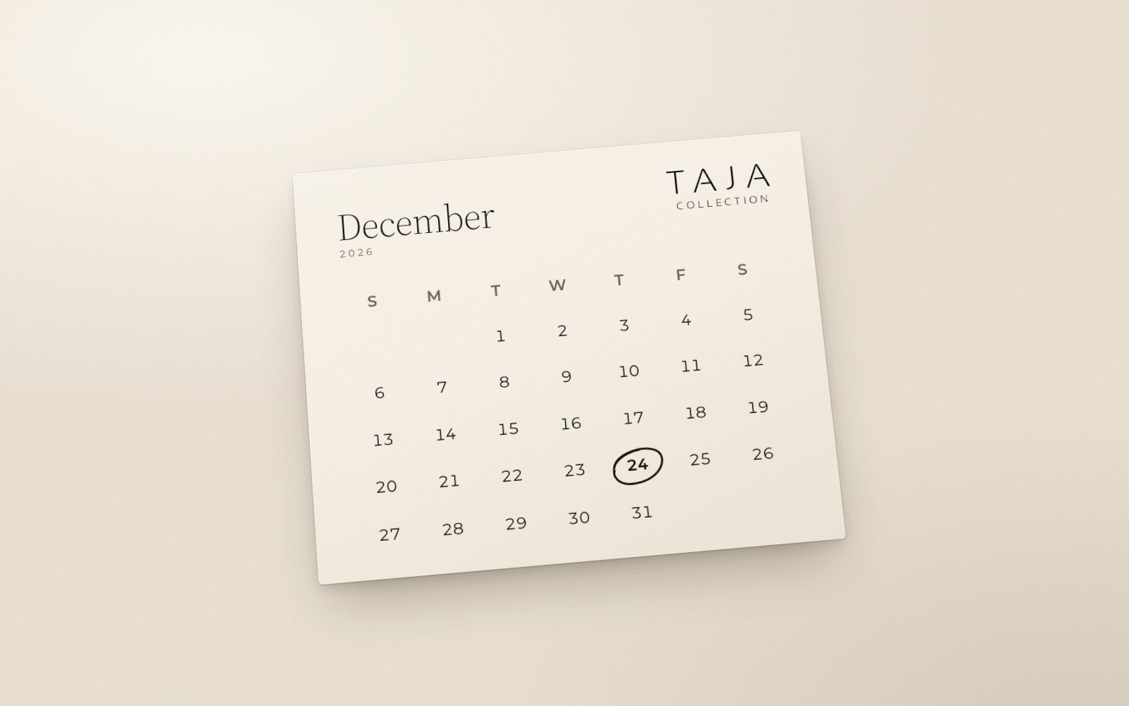 A December calendar card with the 24th circled in black ink